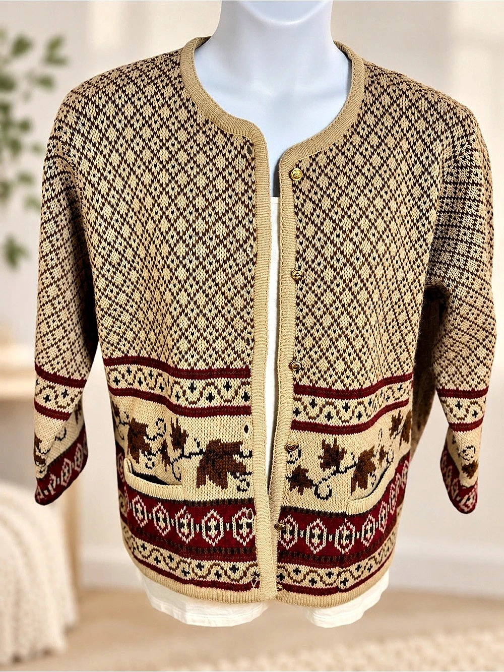 Crystal-Kobe Fall Leaf Knit Zip Cardigan, Size M